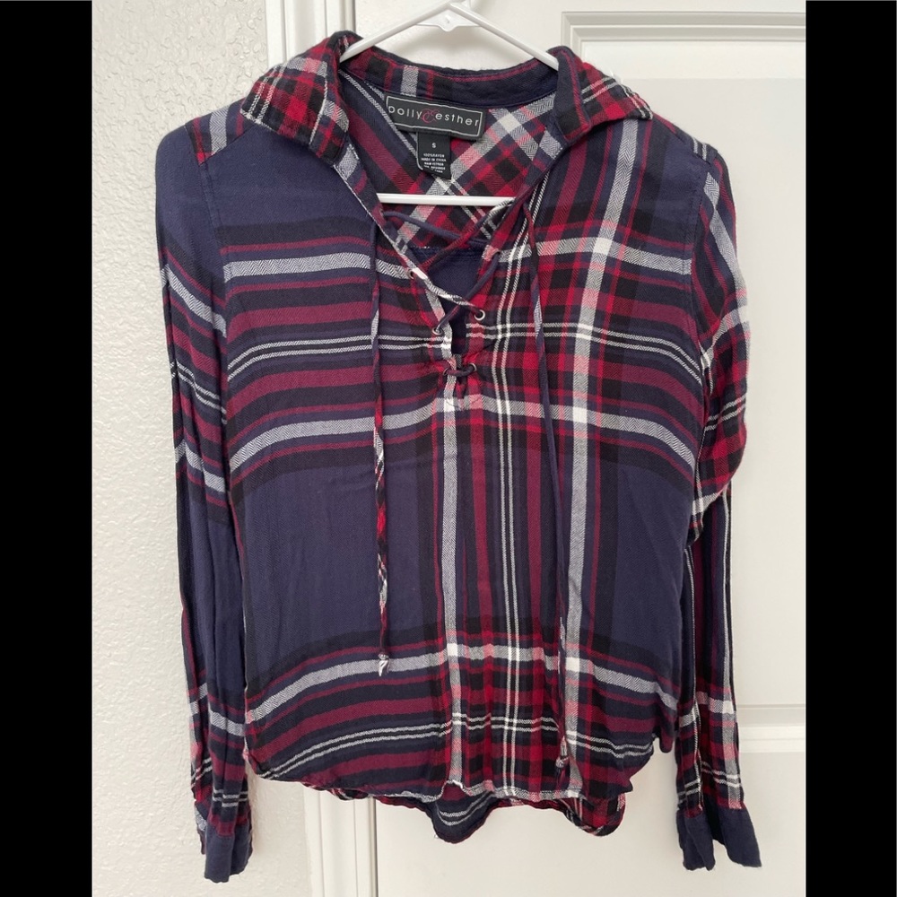 Polly & Esther Blue and Red Flannel Shirt Featuring Tie Neck Line - S
